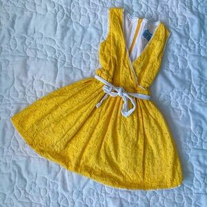 Girls' Yellow Eyelet Wrap Dress with White Belt